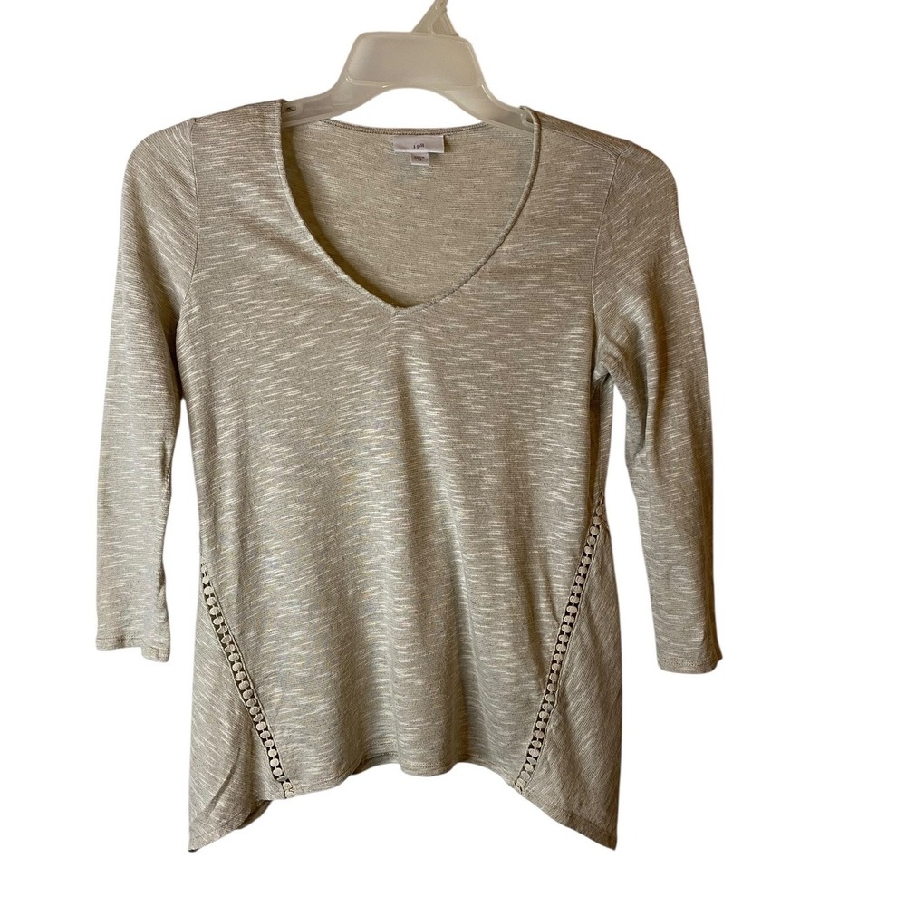 J. Jill Womens XS Oatmeal Linen Cotton Slub V-Neck 3/4 Sleeve Sharkbite Top